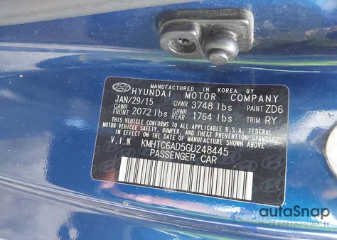 2016 Hyundai Veloster z USA, uszkodzony, nr VIN KMHTC6AD5GU248445